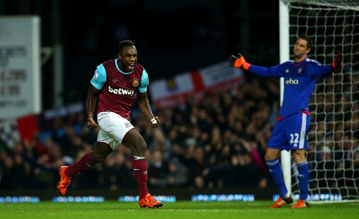 Michail Antonio celebrates scoring his first-ever West Ham United goal against Southampton in December 2015
