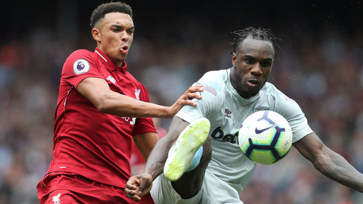 Michail Antonio in action at Anfield in August 2018