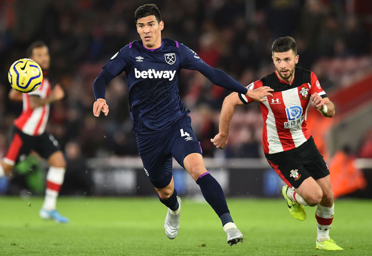 Fabian Balbuena holds off Southampton striker Shane Long