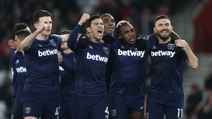 Fabian Balbuena and his teammates celebrate at St Mary's Stadium