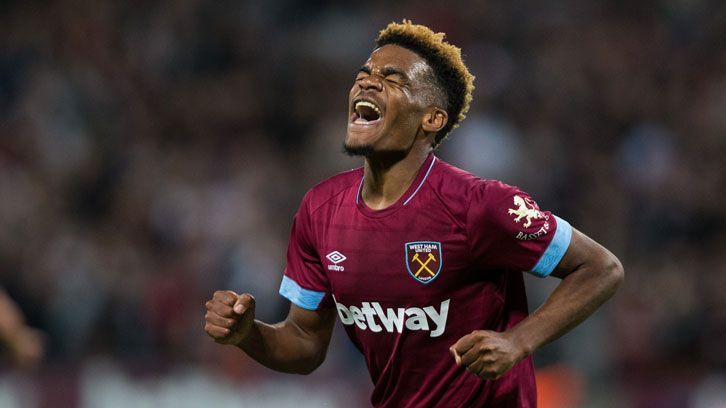 Grady Diangana celebrates scoring on his debut against Macclesfield Town
