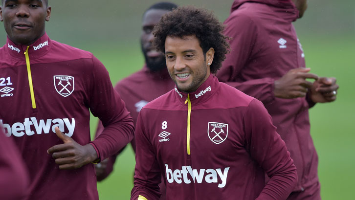 Felipe Anderson smiles during Thursday's training session at Rush Green