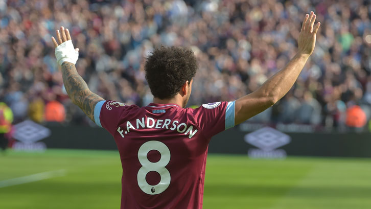 Felipe Anderson celebrates scoring against Manchester United at London Stadium