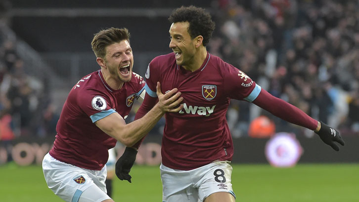 Felipe Anderson celebrates West Ham's winner with Aaron Cresswell