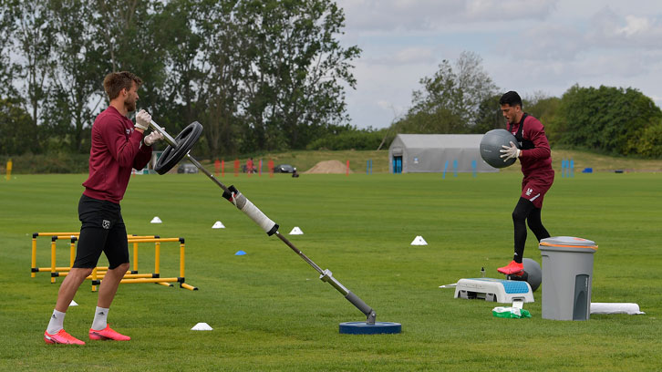 Pablo Fornals training at a safe distance alongside Andriy Yarmolenko at Rush Green