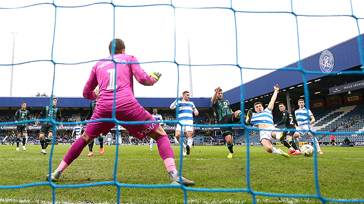 Jordan Hugill prods home his second of the afternoon against Swansea