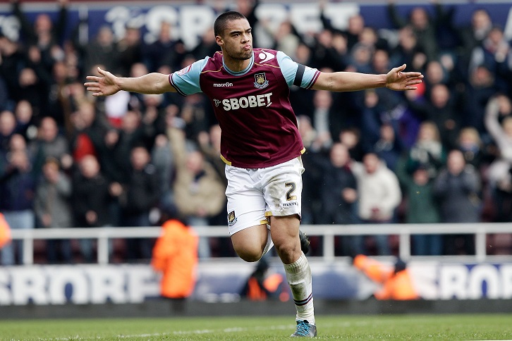 Winston Reid celebrates scoring the winner against Millwall at the Boleyn Ground in February 2012