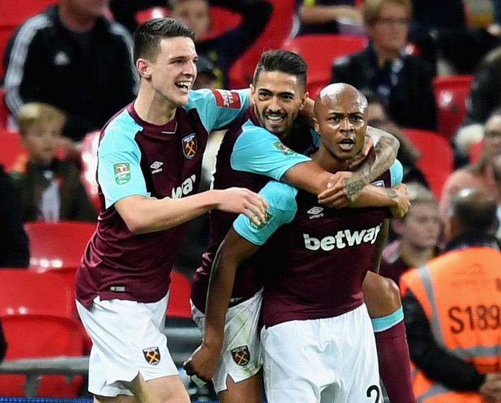 Andre Ayew celebrates drawing West Ham United level at Wembley