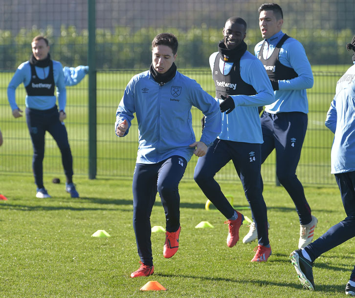 Samir Nasri in training with his West Ham United teammates at Rush Green
