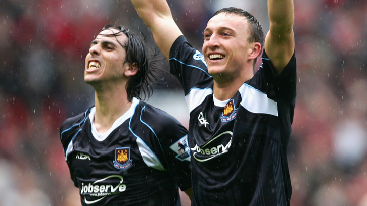 Mark Noble celebrates completing the Great Escape at Manchester United in May 2007