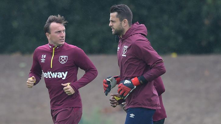 Mark Noble and goalkeeper Lukasz Fabianski in training at Rush Green