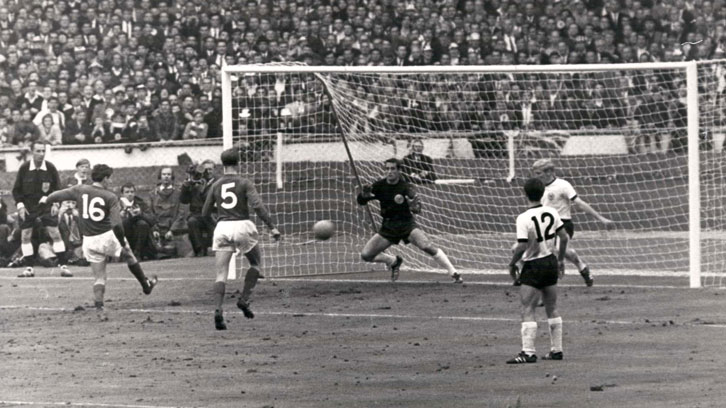 Martin Peters scores for England against West Germany in the 1966 FIFA World Cup final