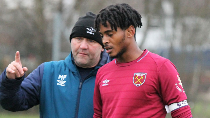 Joshua Okotcha talks to lead U18s coach Mark Phillips at Little Heath