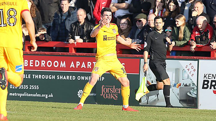 Joe Powell celebrates scoring at Stevenage