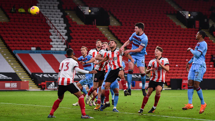 Declan Rice hit the Sheffield United crossbar with a second-half header