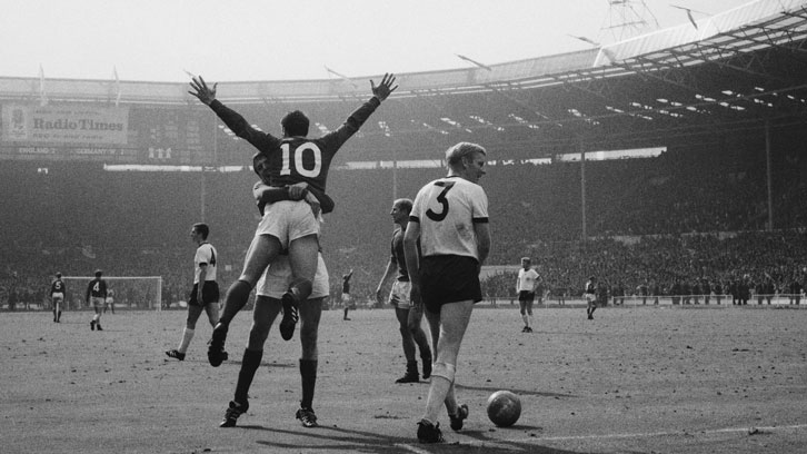 Sir Geoff Hurst celebrates scoring in the 1966 FIFA World Cup final